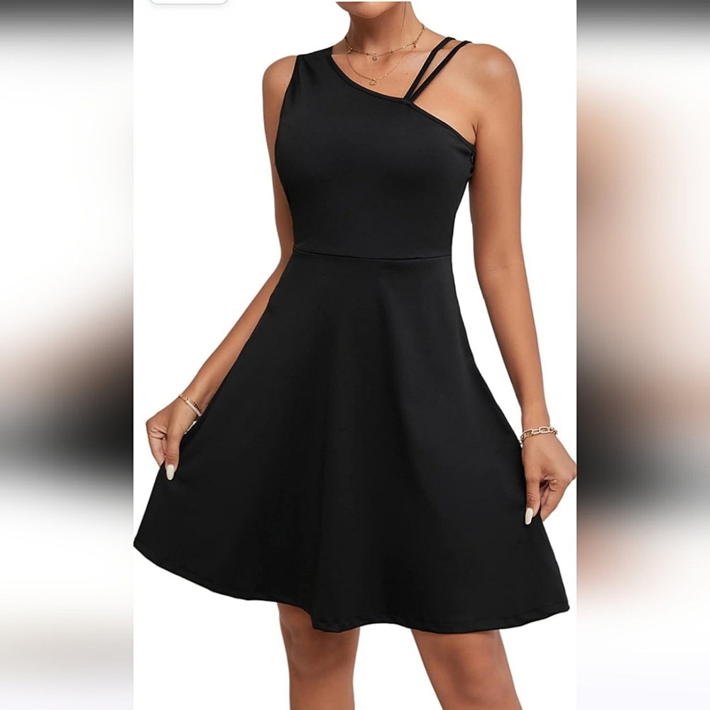LYANER Women's One Shoulder Dress A Line Swing Flared Skater Cocktail Mini Dress